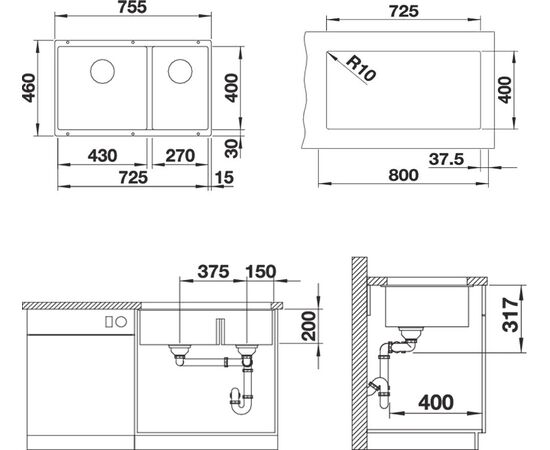 Мойка кухонная Blanco Subline 430/270-U темная скала, Название цвета: темная скала, изображение 3