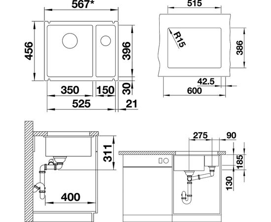 Мойка кухонная Blanco Subline 350/150-U базальт, изображение 2